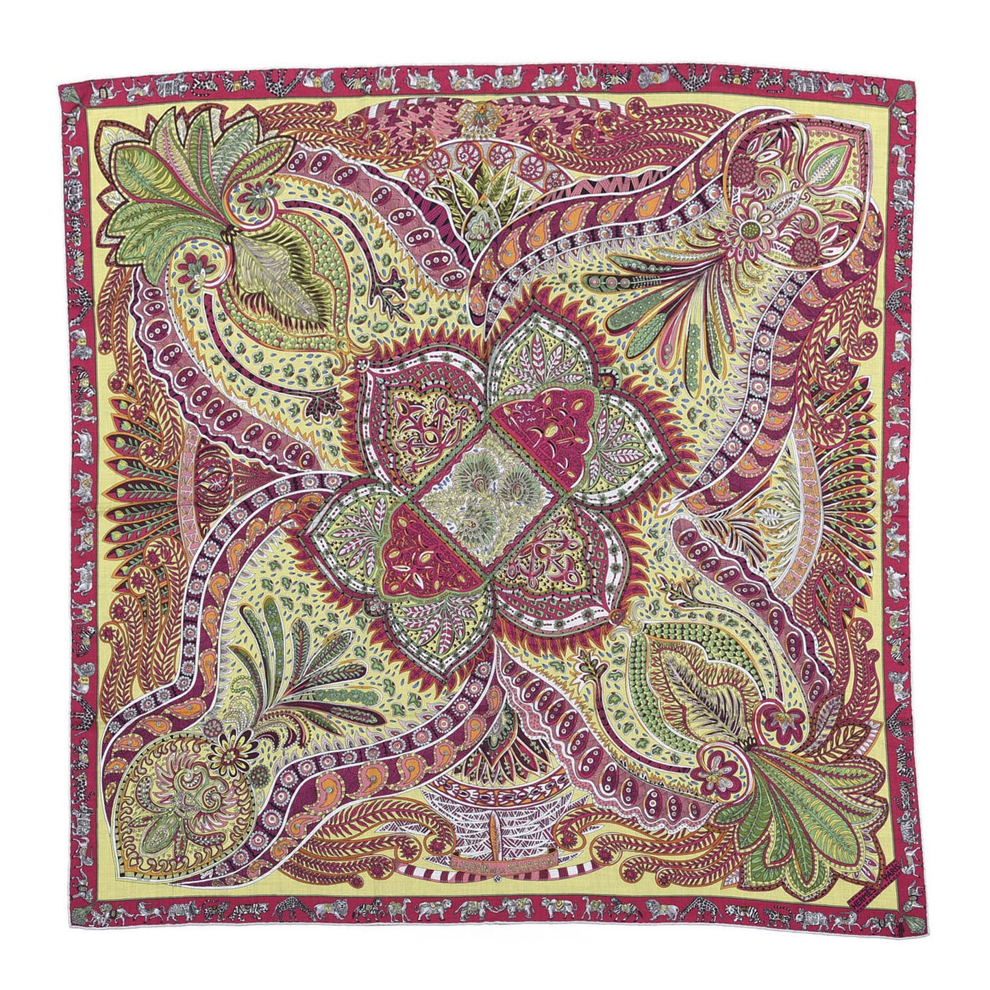 Cashmere Silk Le Jardin De La Maharani Shawl 140 Jaune Anis Fuchsia Vert