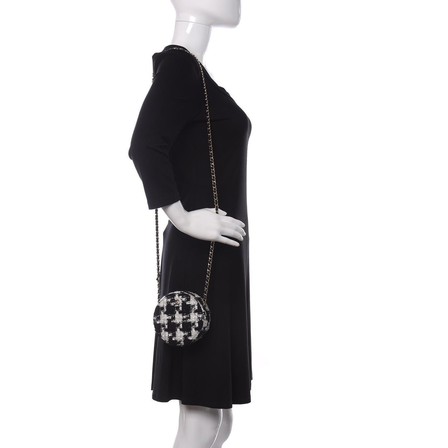 Tweed Quilted Round Clutch With Chain Black Ecru White