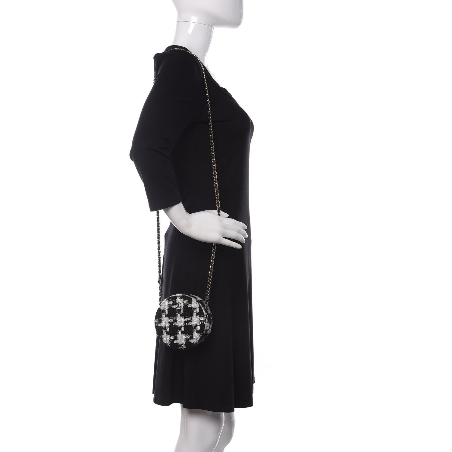 Chanel Tweed Quilted Round Clutch With Chain Black Ecru White 2 of 9