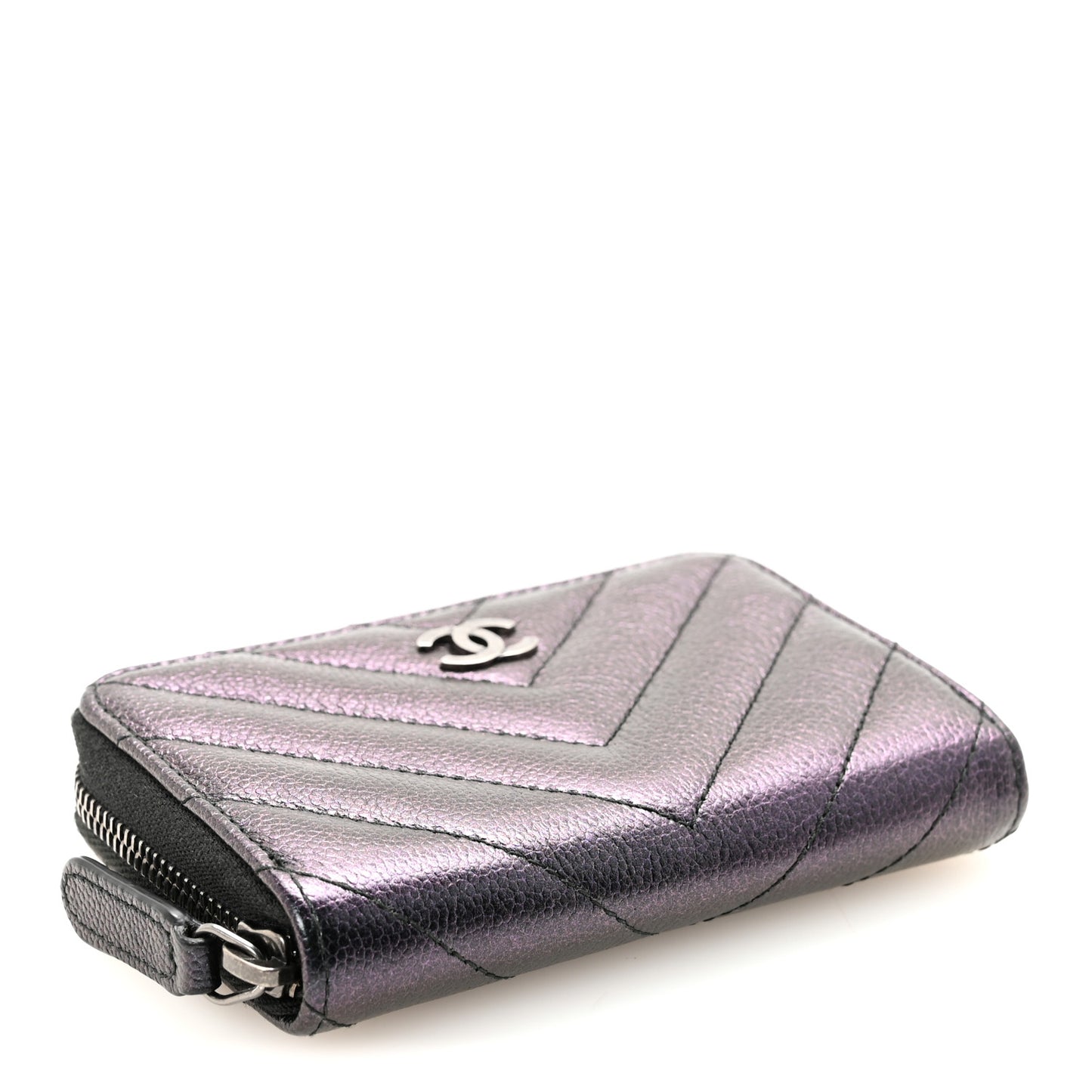 Iridescent Caviar Chevron Quilted Zip Around Coin Purse Black