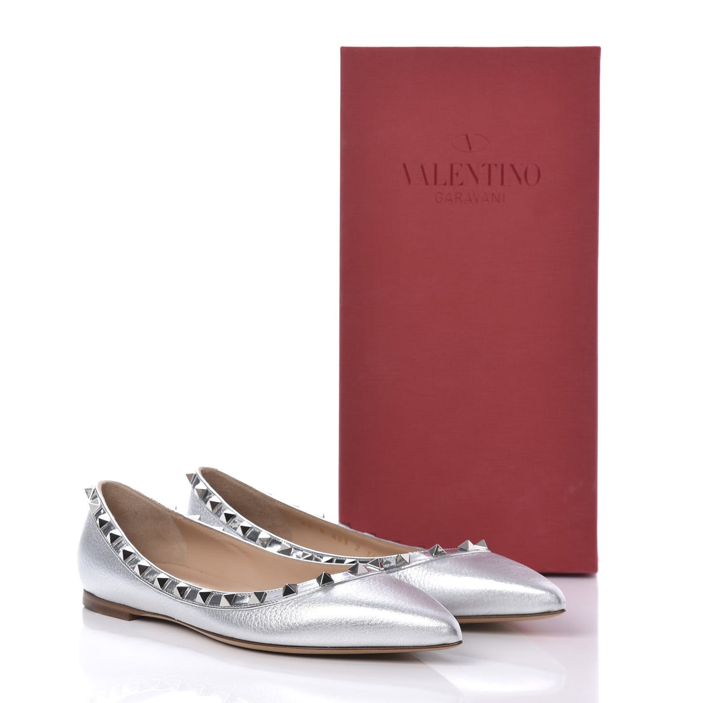 Metallic Pebbled Calfskin Rockstud Ballerina Flats 39 Silver
