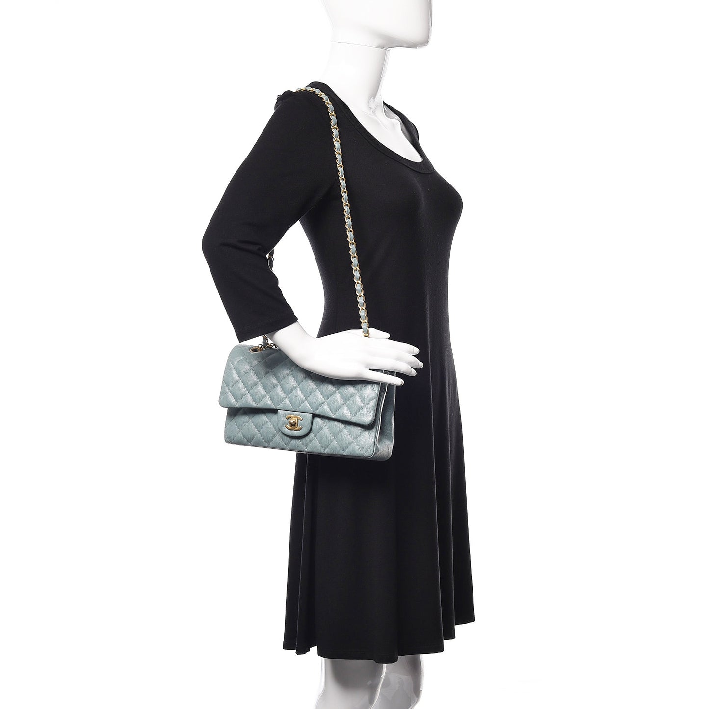 Iridescent Caviar Quilted Medium Double Flap Light Blue