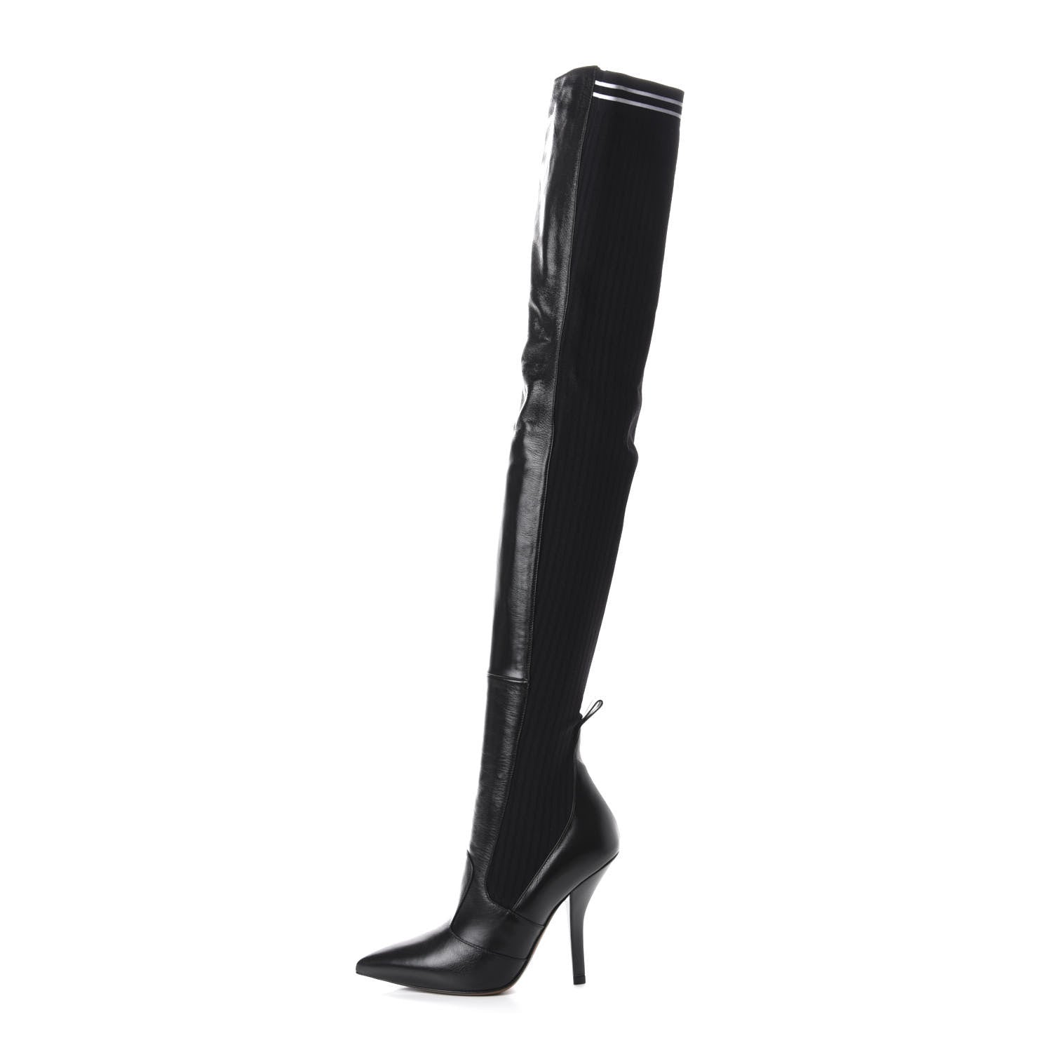 Fendi Vitello Lucido Stretch Fabric Striped Rockoko Thigh High 105mm Sock Boots 38.5 Black 1 of 7