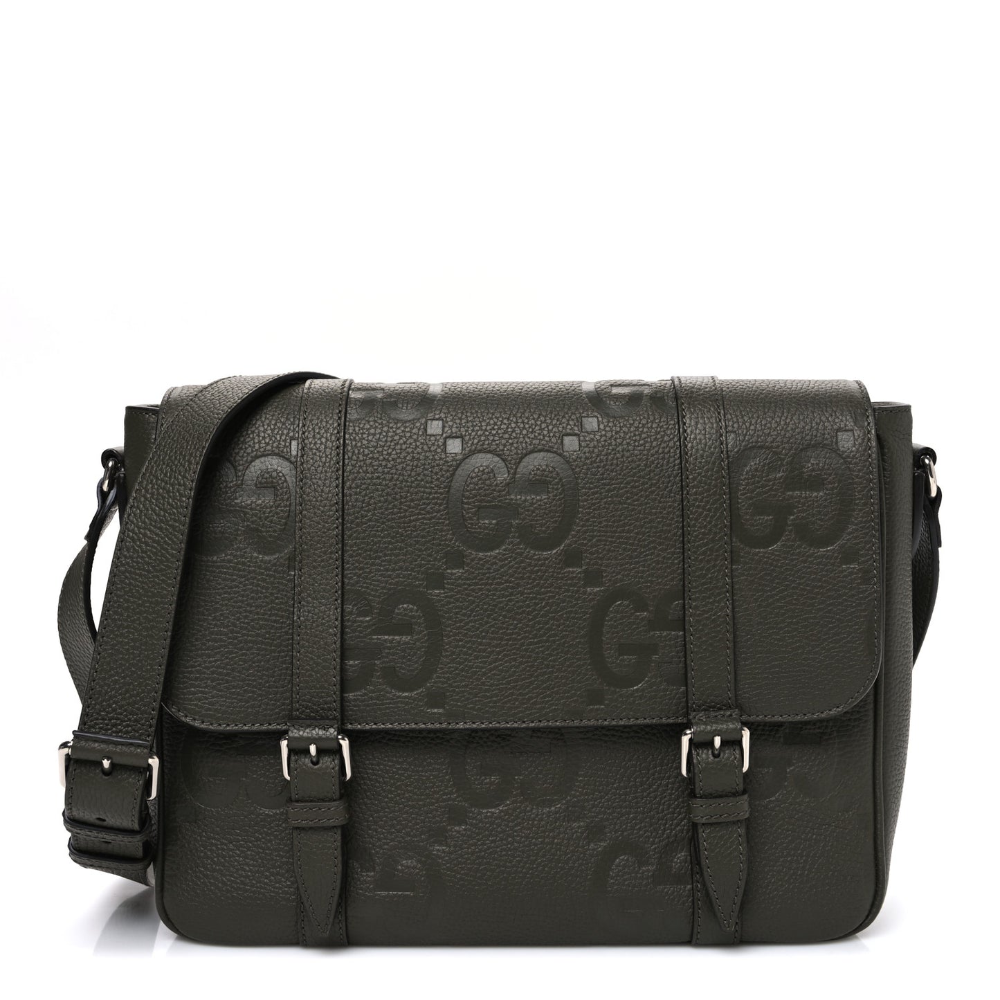 Piuma Calfskin Jumbo GG Embossed Double Buckle Medium Messenger Bag Dark Vintage Olive