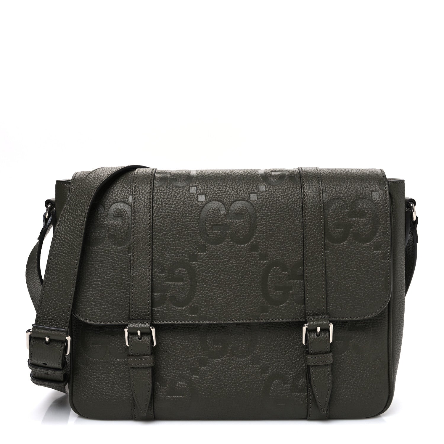 Gucci Piuma Calfskin Jumbo GG Embossed Double Buckle Medium Messenger Bag Dark Vintage Olive 1 of 10