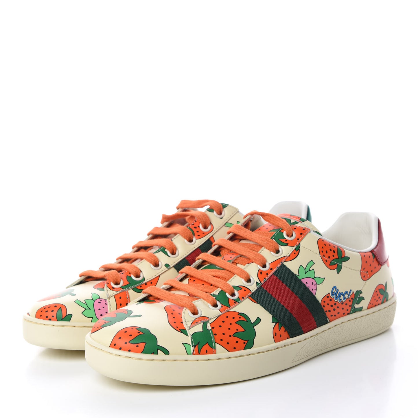 Calfskin Web Strawberry Print Womens Ace Sneakers 40 Ivory Red Green
