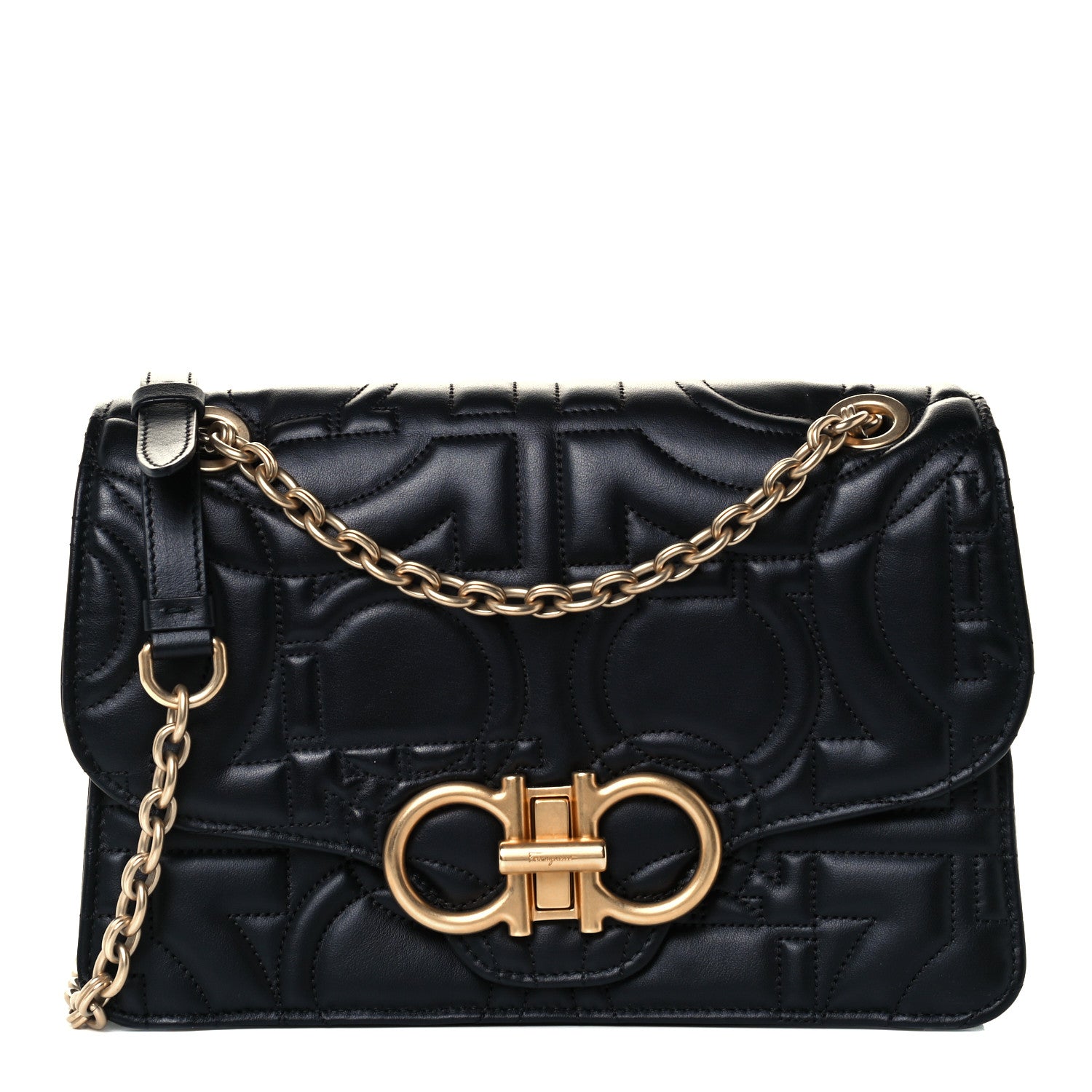 Salvatore Ferragamo Calfskin Quilted Gancini Flap Bag Black 1 of 10