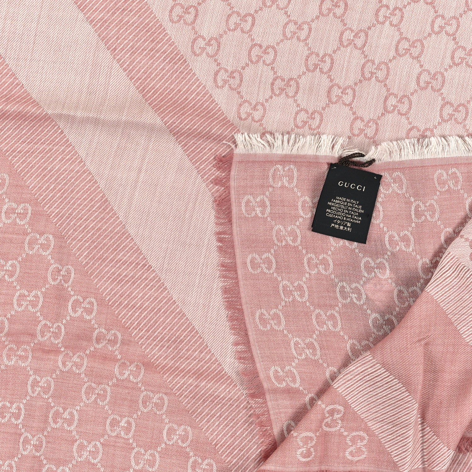 Gucci Wool Silk Monogram GGWeb Fringe Shawl Rose Ivory 3 of 3