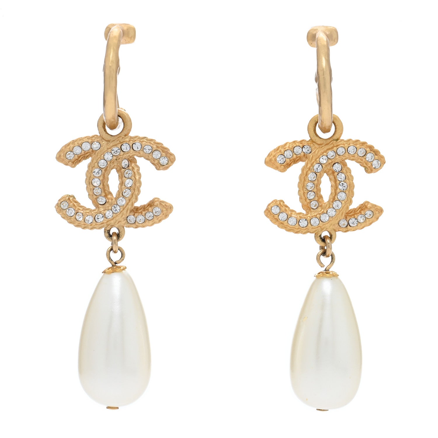 Chanel Crystal Pearl CC Drop Earrings Gold 1 of 5