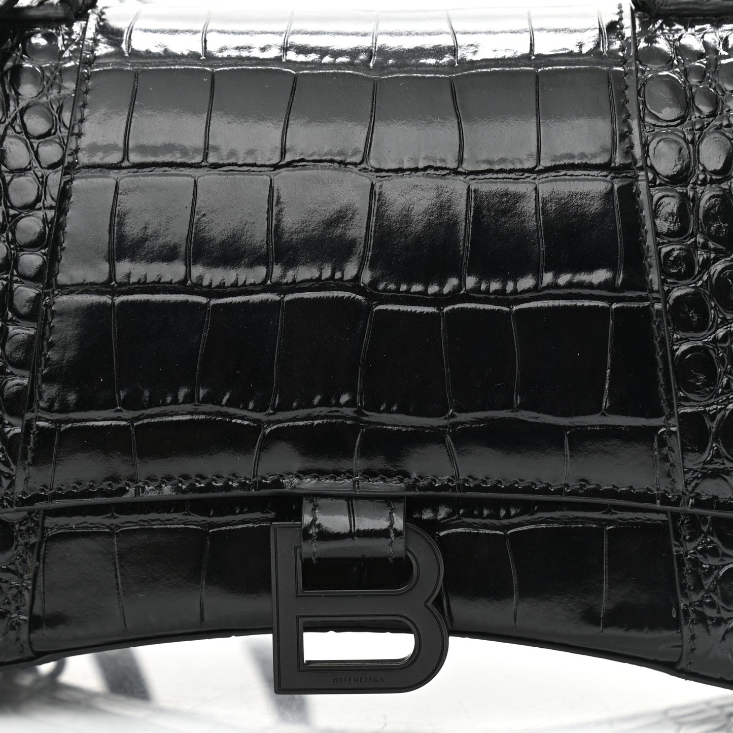 Shiny Calfskin Monochrome Crocodile Embossed Small Hourglass Top Handle Bag Black