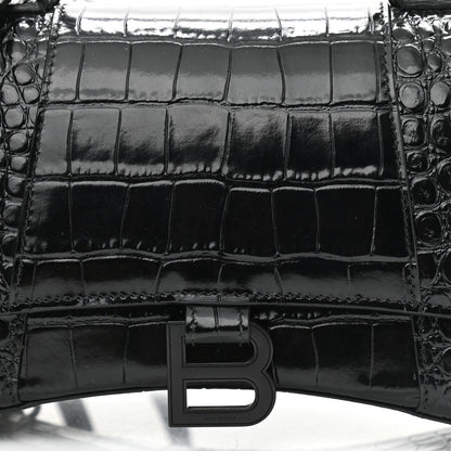 Balenciaga Shiny Calfskin Monochrome Crocodile Embossed Small Hourglass Top Handle Bag Black 9 of 11