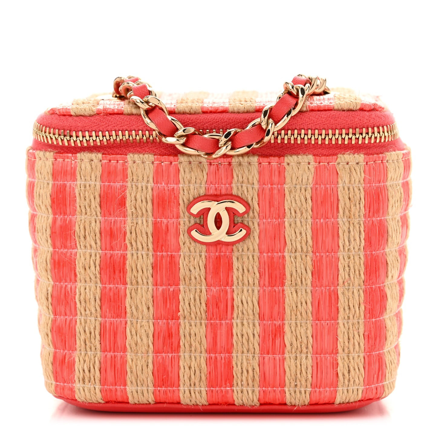 Raffia Jute Striped Mini Vanity Case With Chain Red Beige