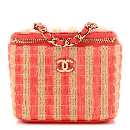 Chanel Raffia Jute Striped Mini Vanity Case With Chain Red Beige 1 of 10