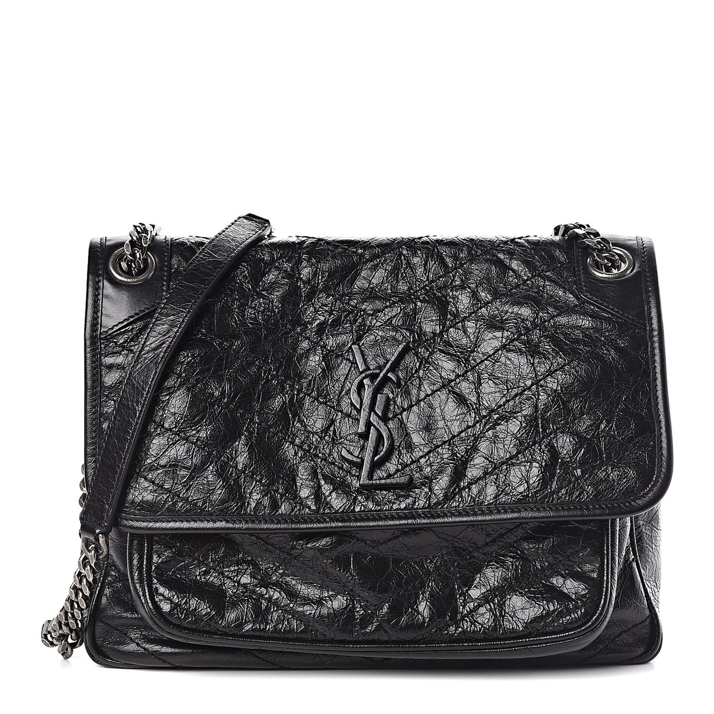 Crinkled Calfskin Matelasse Monogram Medium Niki Chain Satchel Black