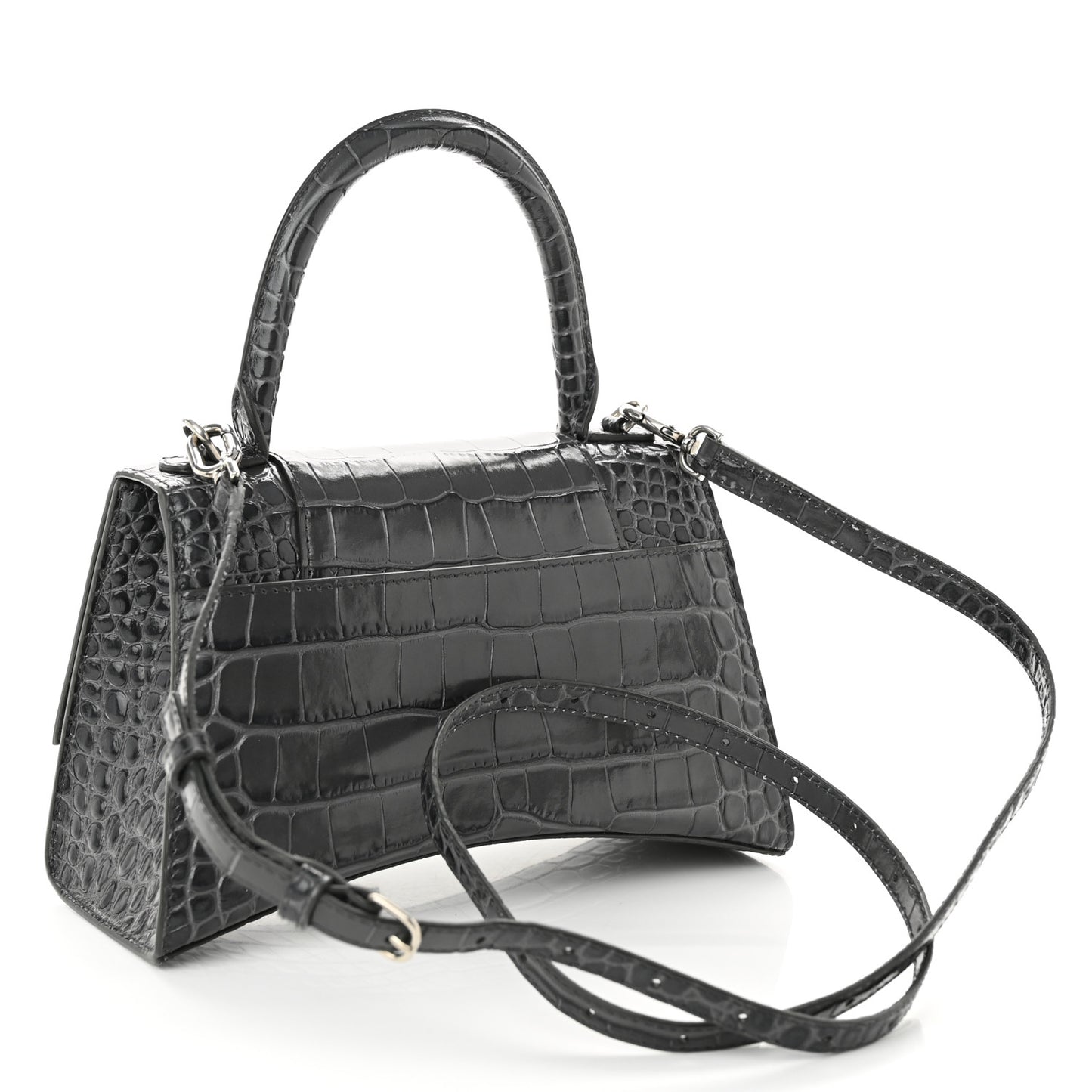 Shiny Calfskin Crocodile Embossed Small Hourglass Top Handle Bag Dark Grey