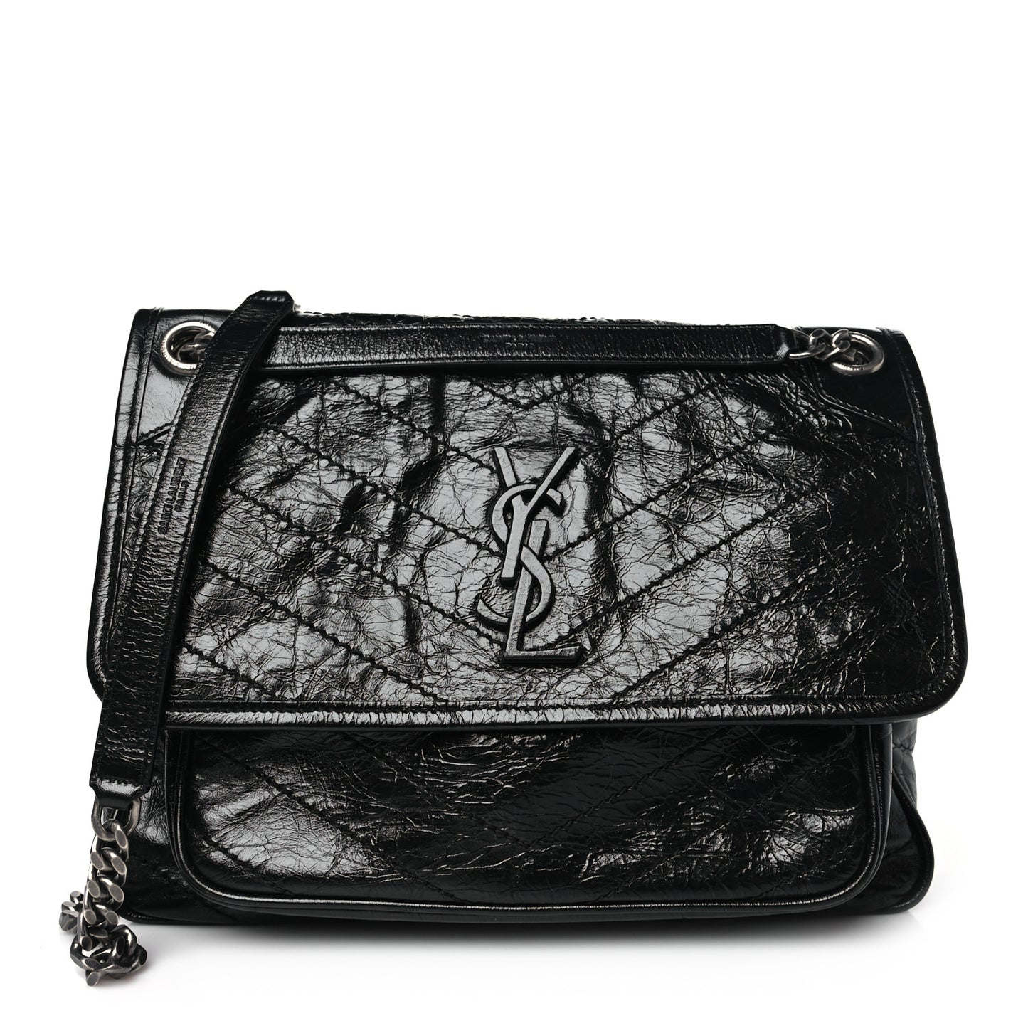 Crinkled Calfskin Matelasse Monogram Medium Niki Chain Satchel Black