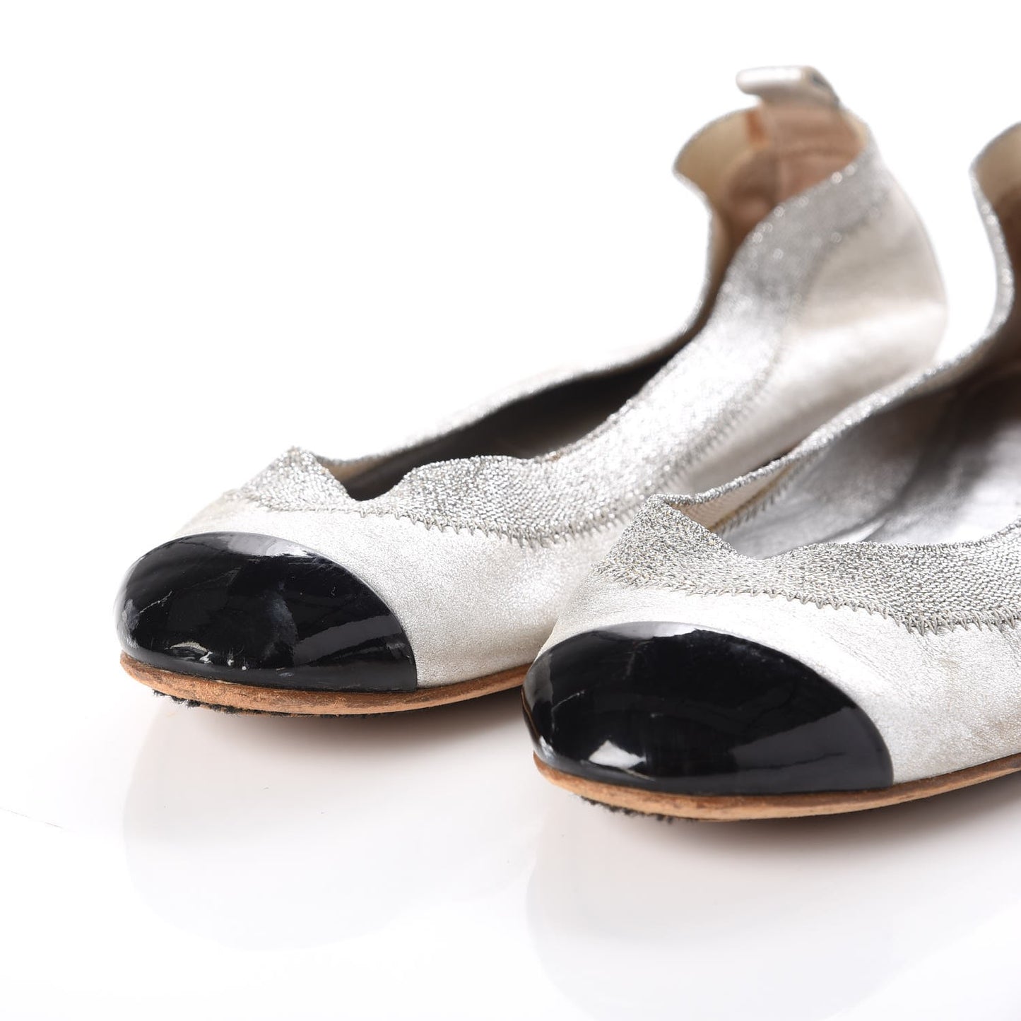 Metallic Lambskin Patent CC Cap Toe Ballerina Flats 40 Silver Black