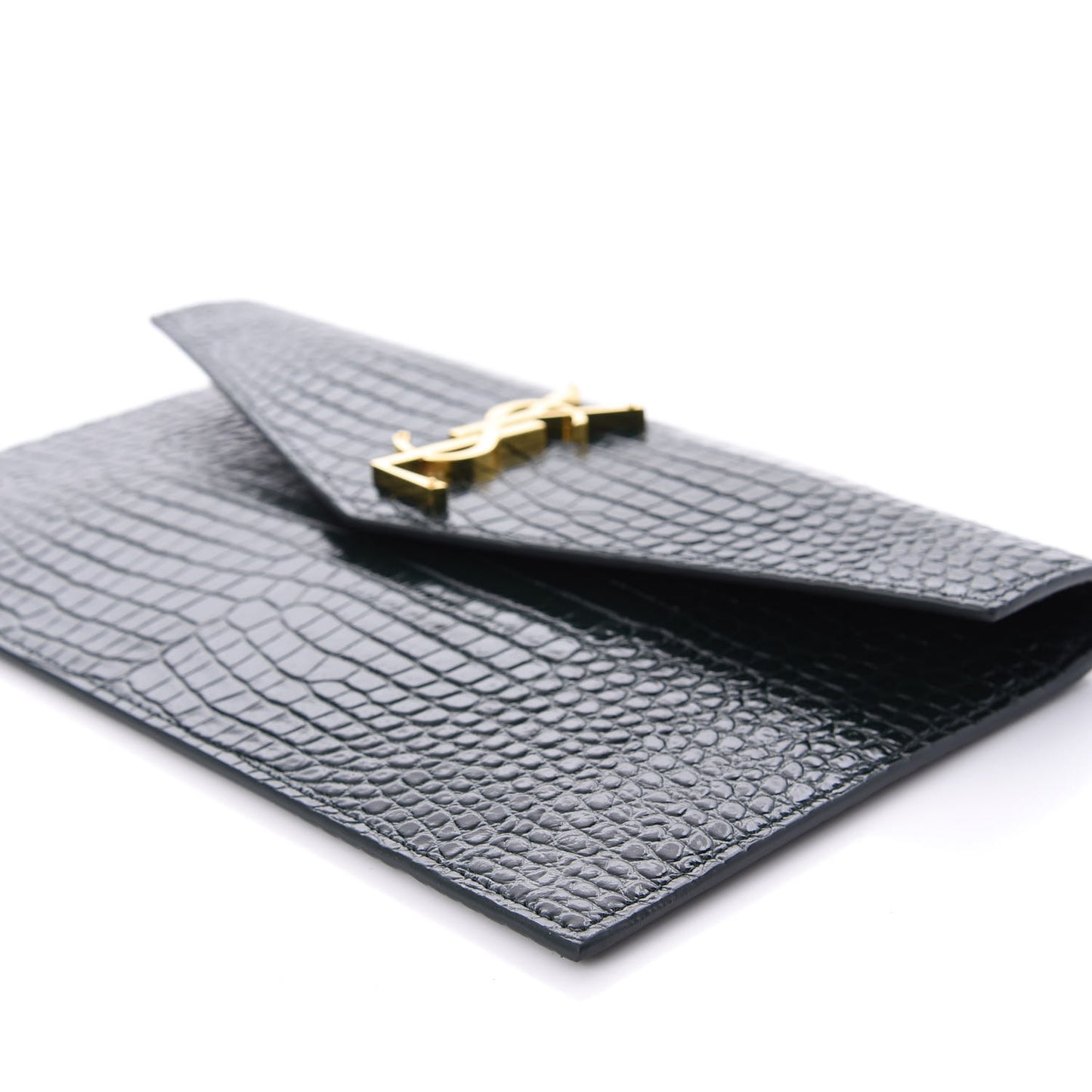 Calfskin Crocodile Embossed Uptown Monogram Clutch Dark Green