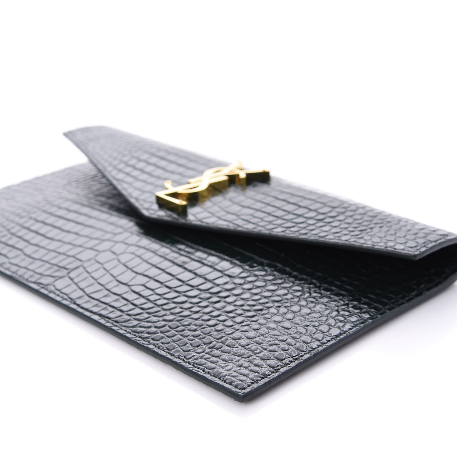 Saint Laurent Calfskin Crocodile Embossed Uptown Monogram Clutch Dark Green 6 of 9