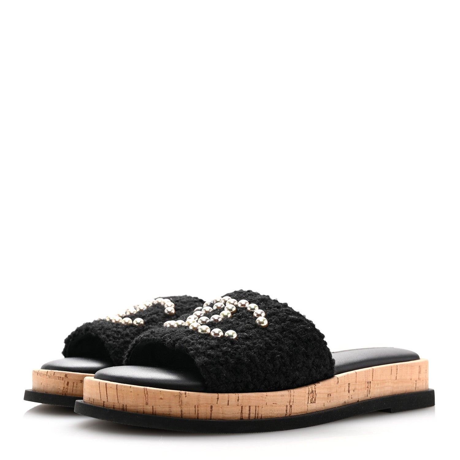 Chanel Fabric Pearl Cork CC Slip On Sandals 39 Black 4 of 11