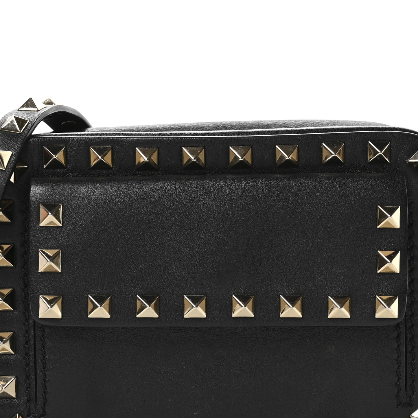 Grained Calfskin Small Rockstud Flap Pocket Camera Crossbody Bag Black