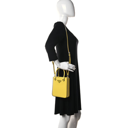 Prada Spazzolato Metal Triangle Logo Small Double Handle Crossbody Tote Giallo Black 2 of 10