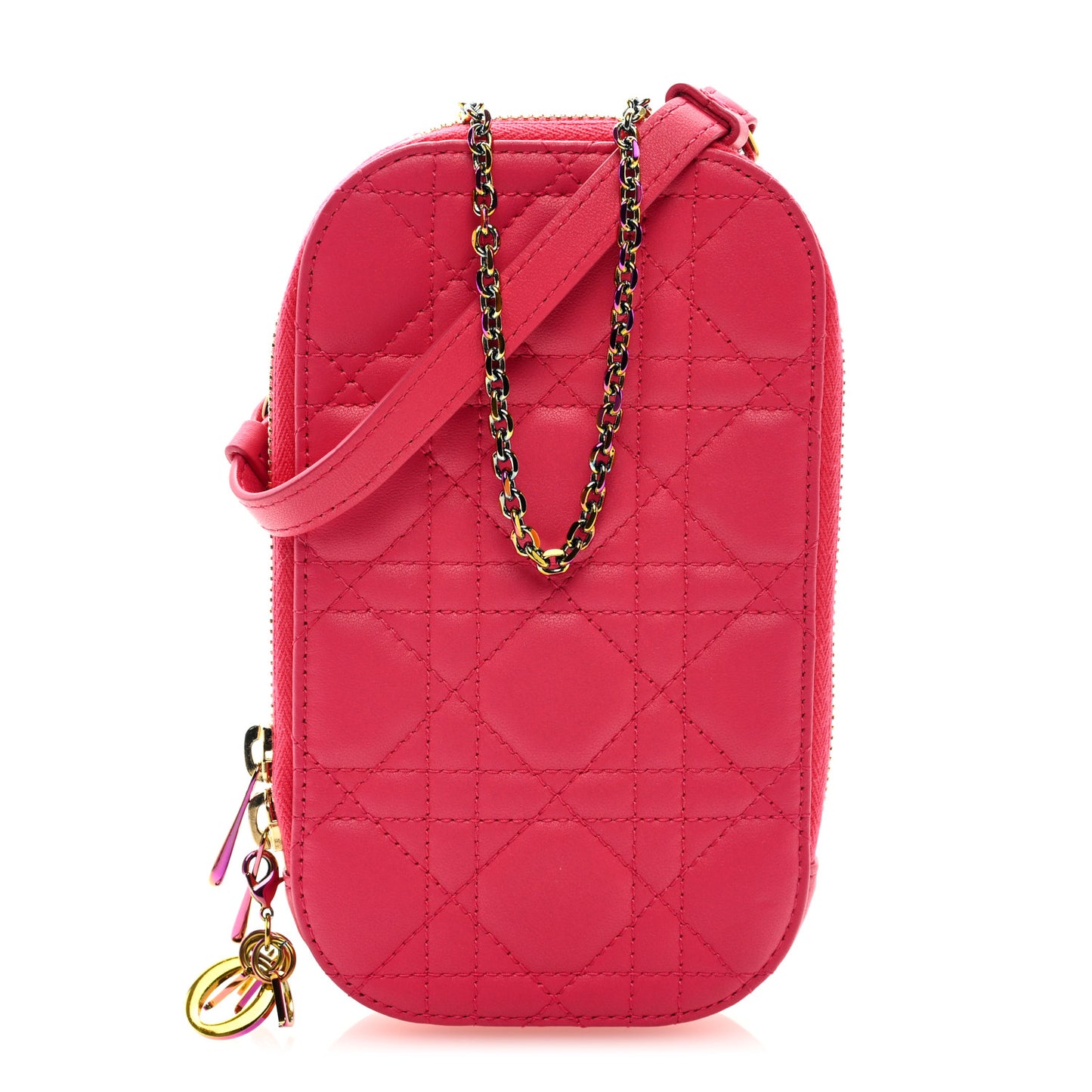 Lambskin Cannage Lady Dior Phone Holder Strawberry Pink