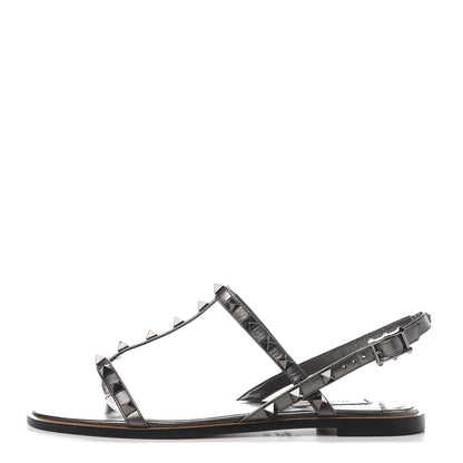 Valentino Garavani Metallic Nappa Rockstud T-Strap Slingback Flat Sandals 37.5 Rutenio 1 of 9
