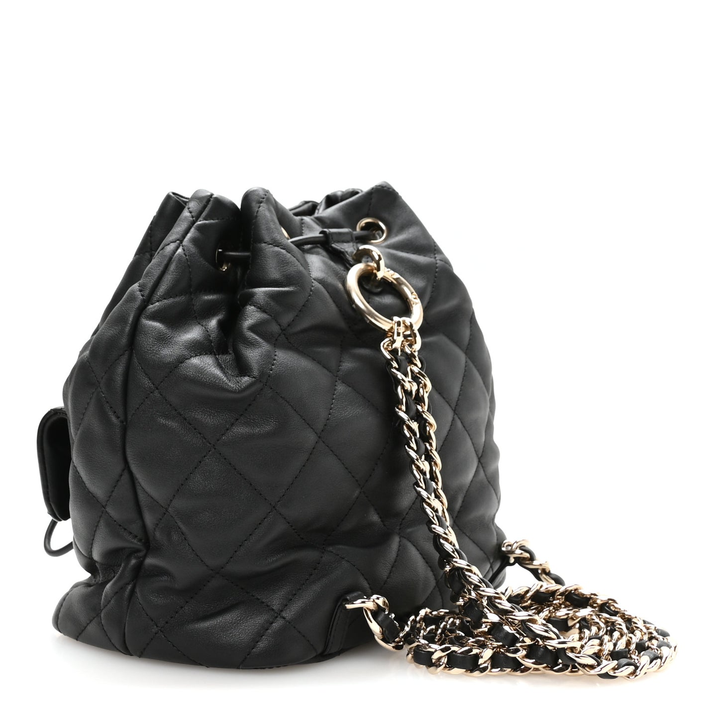 Calfskin Quilted Double Pocket Drawstring Backpack Black
