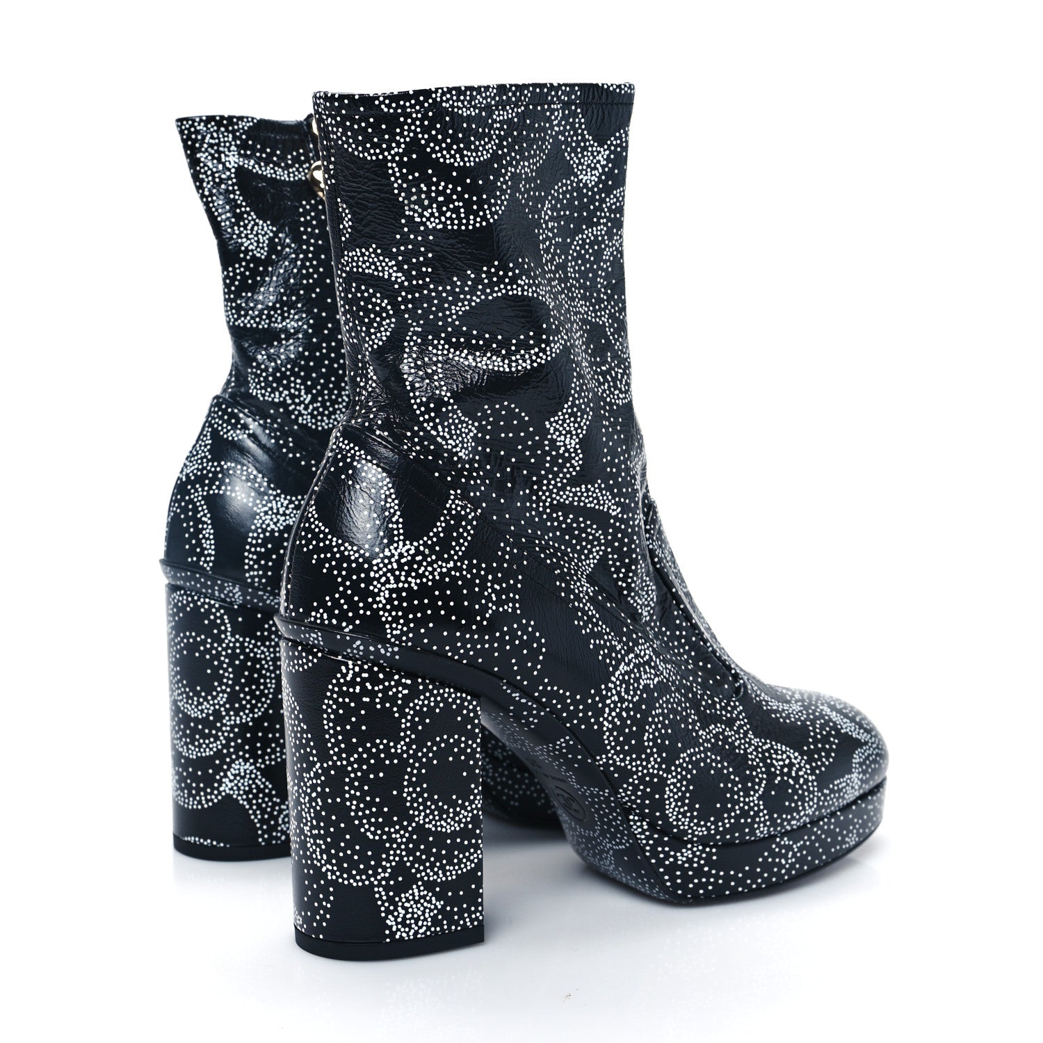Chanel Calfskin Camellia Printed Ankle Boots 38 Black White 4 of 10