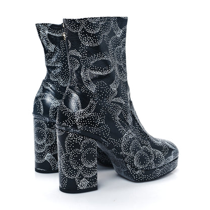 Chanel Calfskin Camellia Printed Ankle Boots 38 Black White 4 of 10