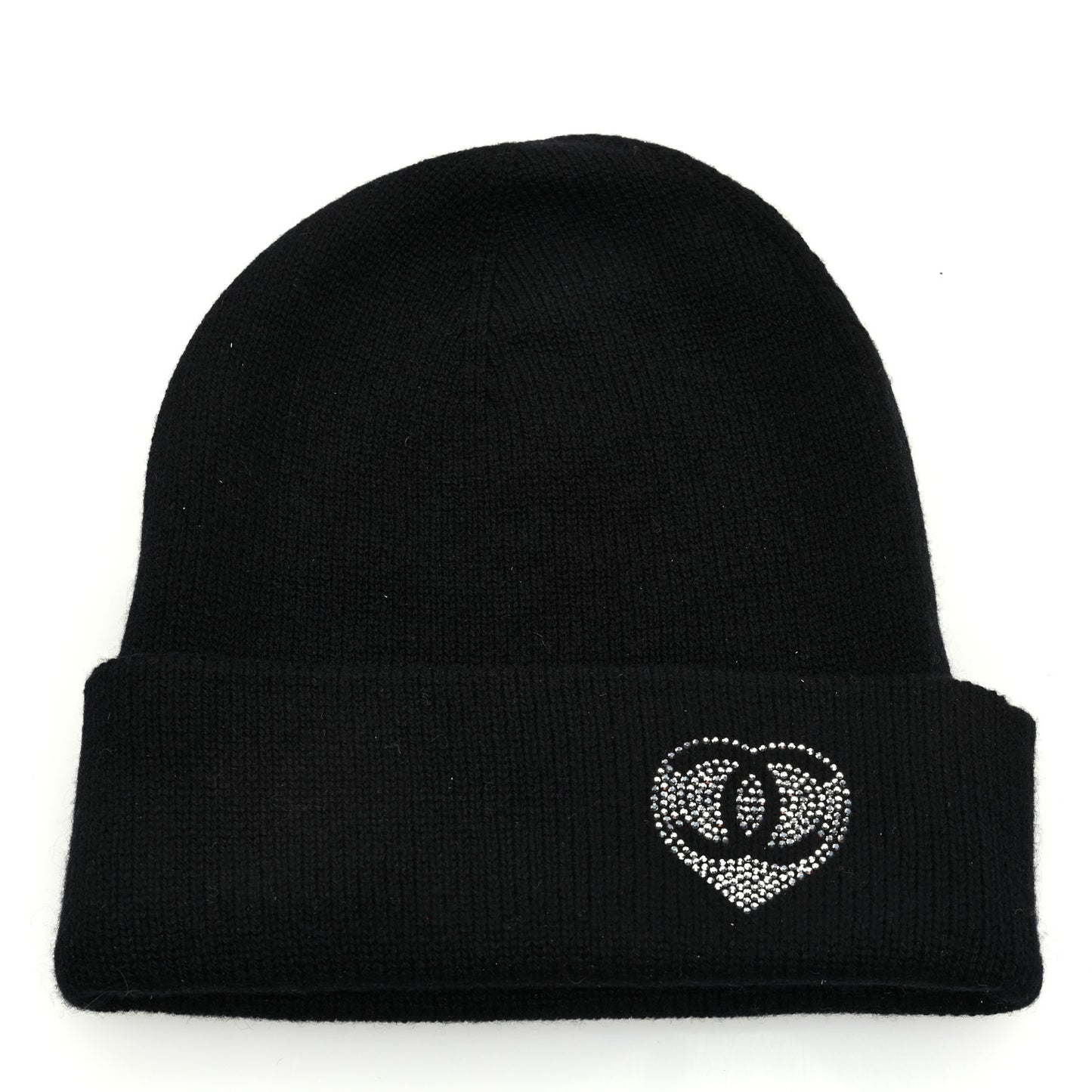Cashmere Crystal CC Heart Beanie Hat Black