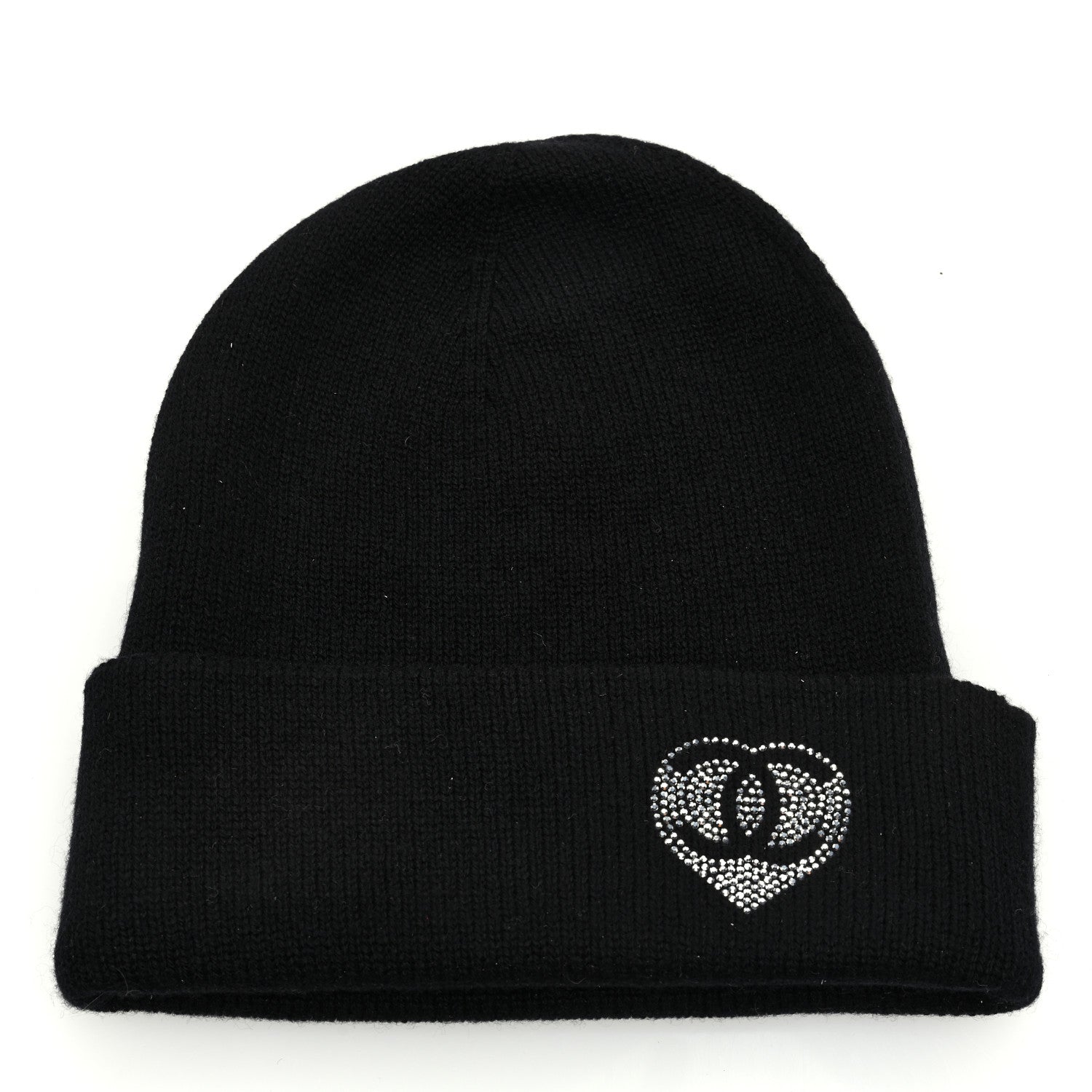 Chanel Cashmere Crystal CC Heart Beanie Hat Black 1 of 6