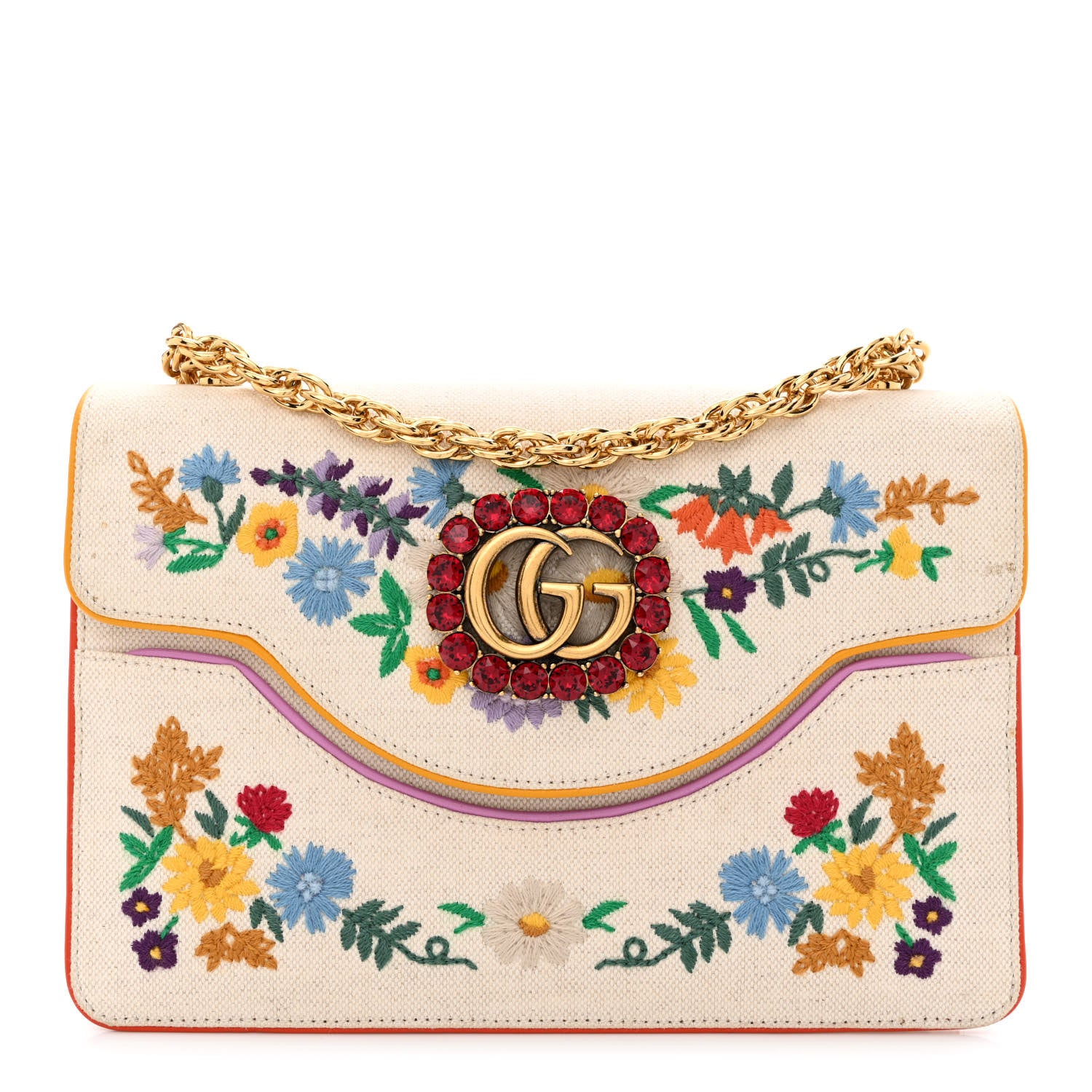 Gucci Linen Canvas Embroidered Small Shoulder Bag White 1 of 12