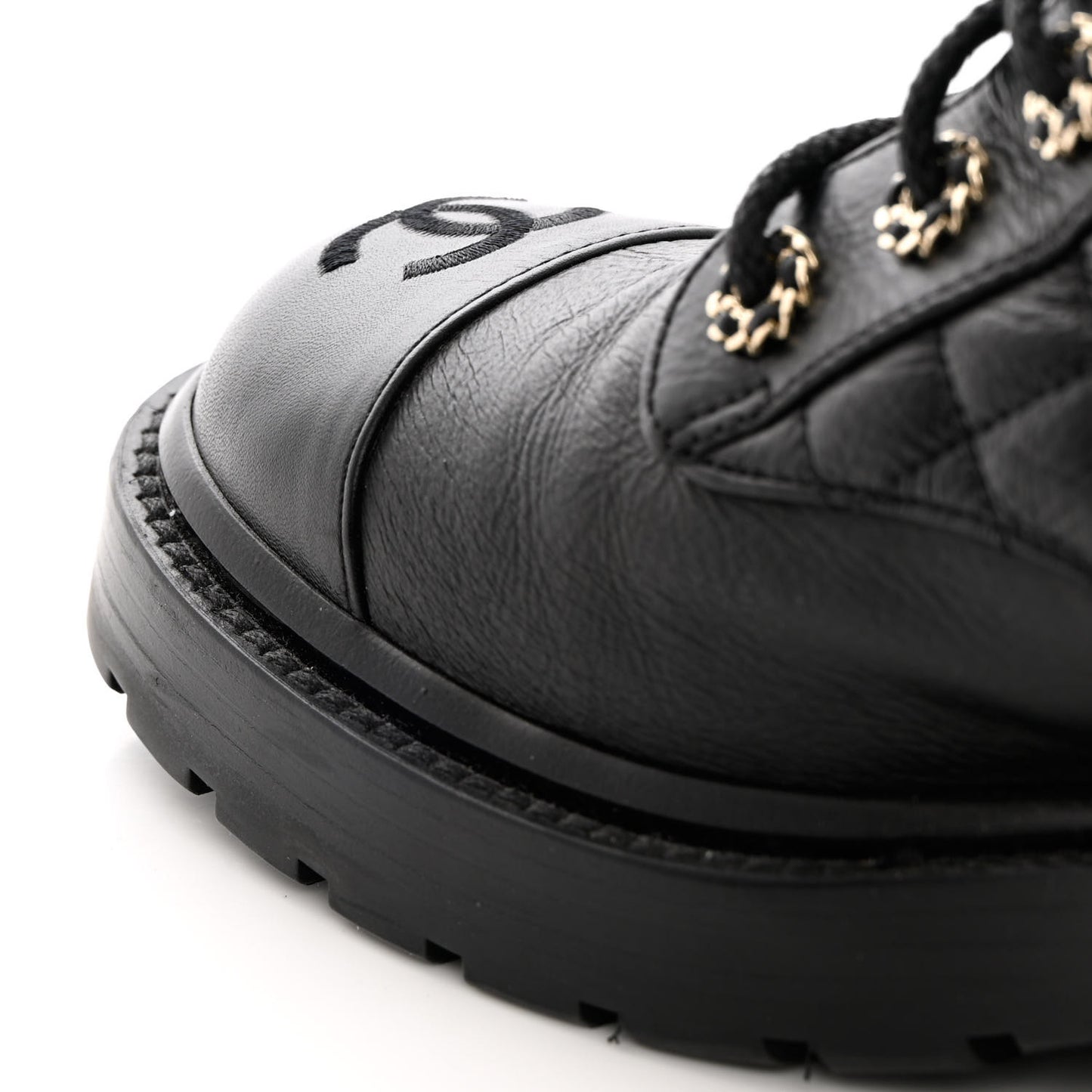 Shiny Calfskin Quilted Lace Up Combat Boots 38 Black