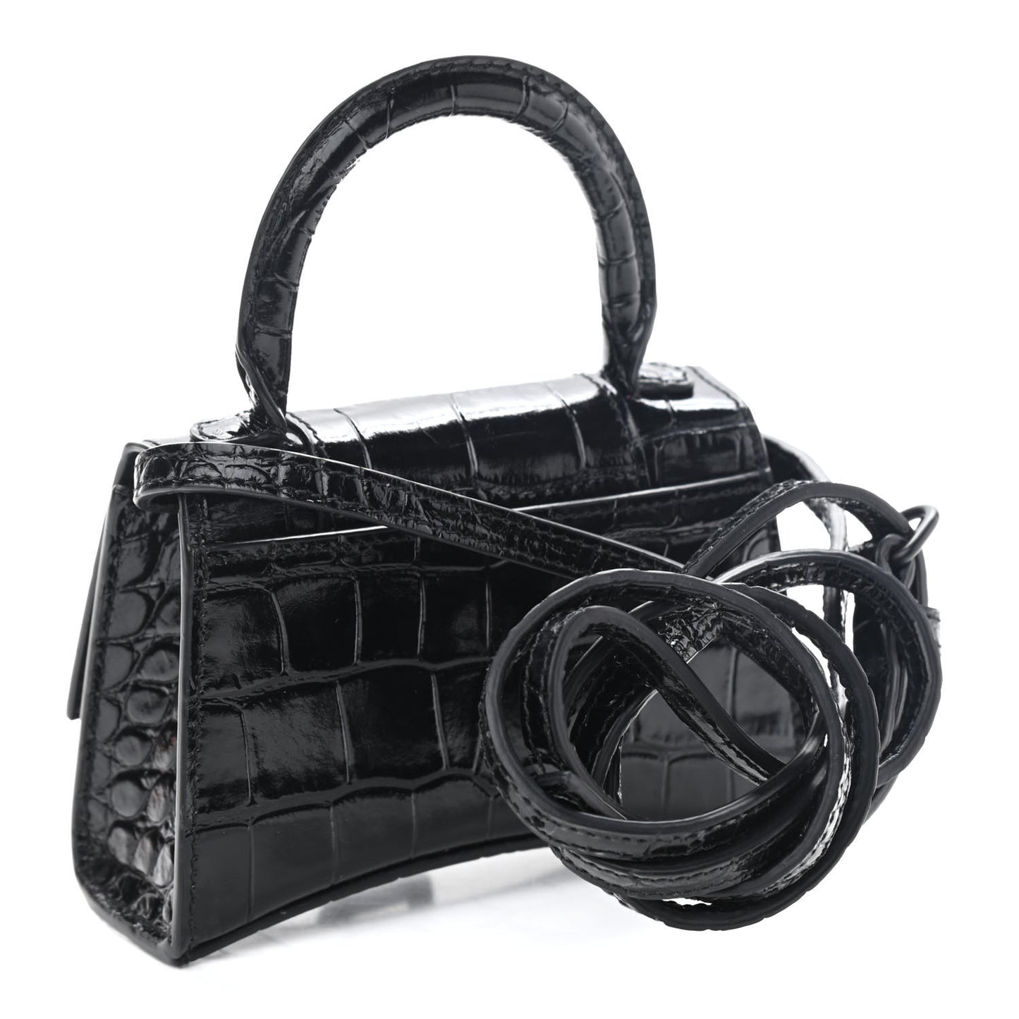 Shiny Calfskin Monochrome Crocodile Embossed Hourglass Top Handle Bag Mini Black
