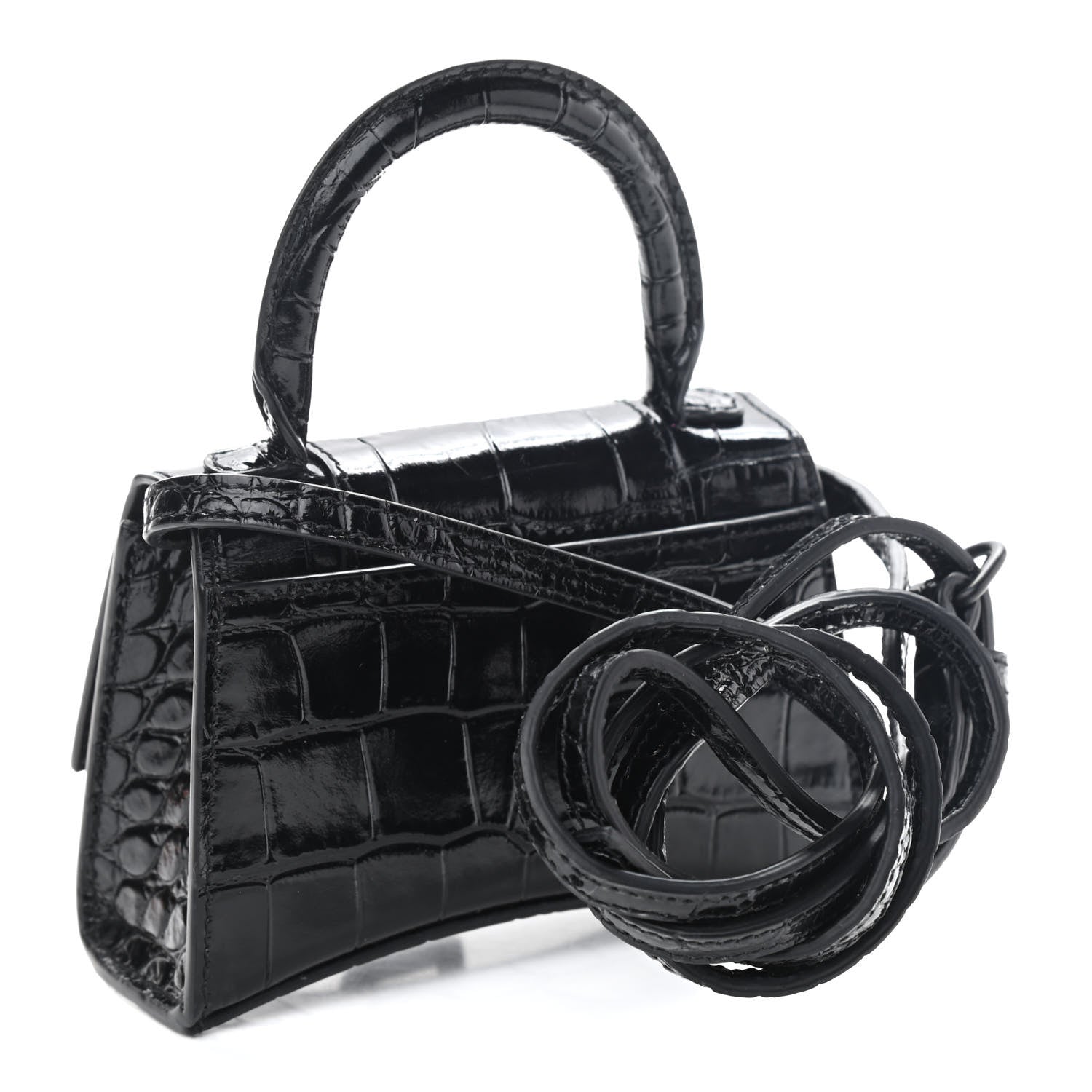 Balenciaga Shiny Calfskin Monochrome Crocodile Embossed Hourglass Top Handle Bag Mini Black 2 of 7
