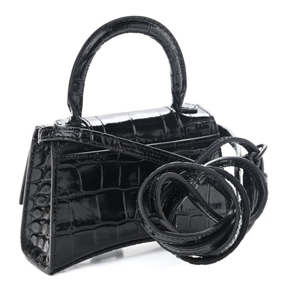 Balenciaga Shiny Calfskin Monochrome Crocodile Embossed Hourglass Top Handle Bag Mini Black 2 of 7