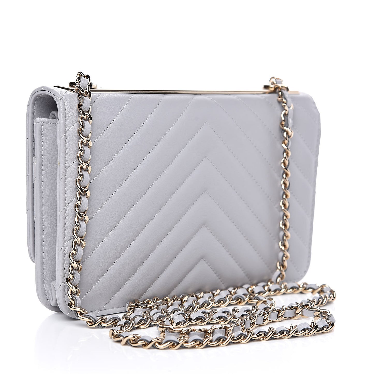 Lambskin Chevron Quilted Trendy CC Wallet On Chain WOC Grey