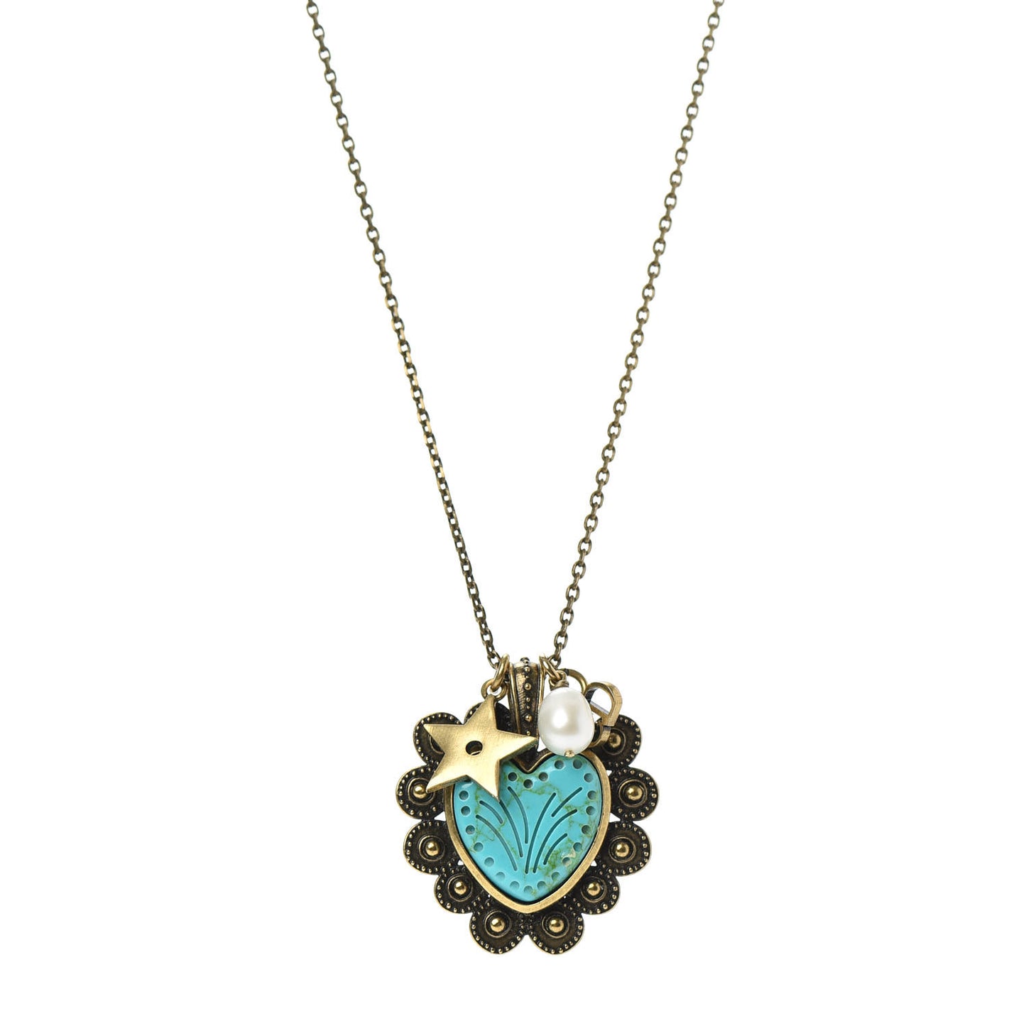 Metal Pearl Heart Necklace Aged Gold