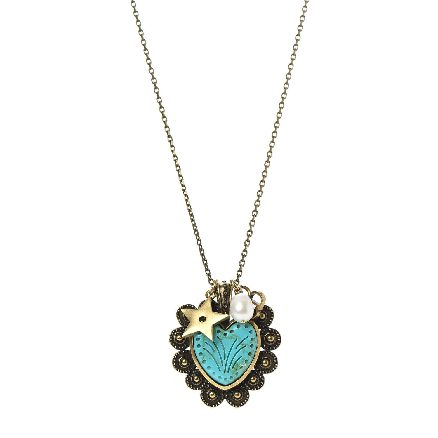 Christian Dior Metal Pearl Heart Necklace Aged Gold 1 of 6