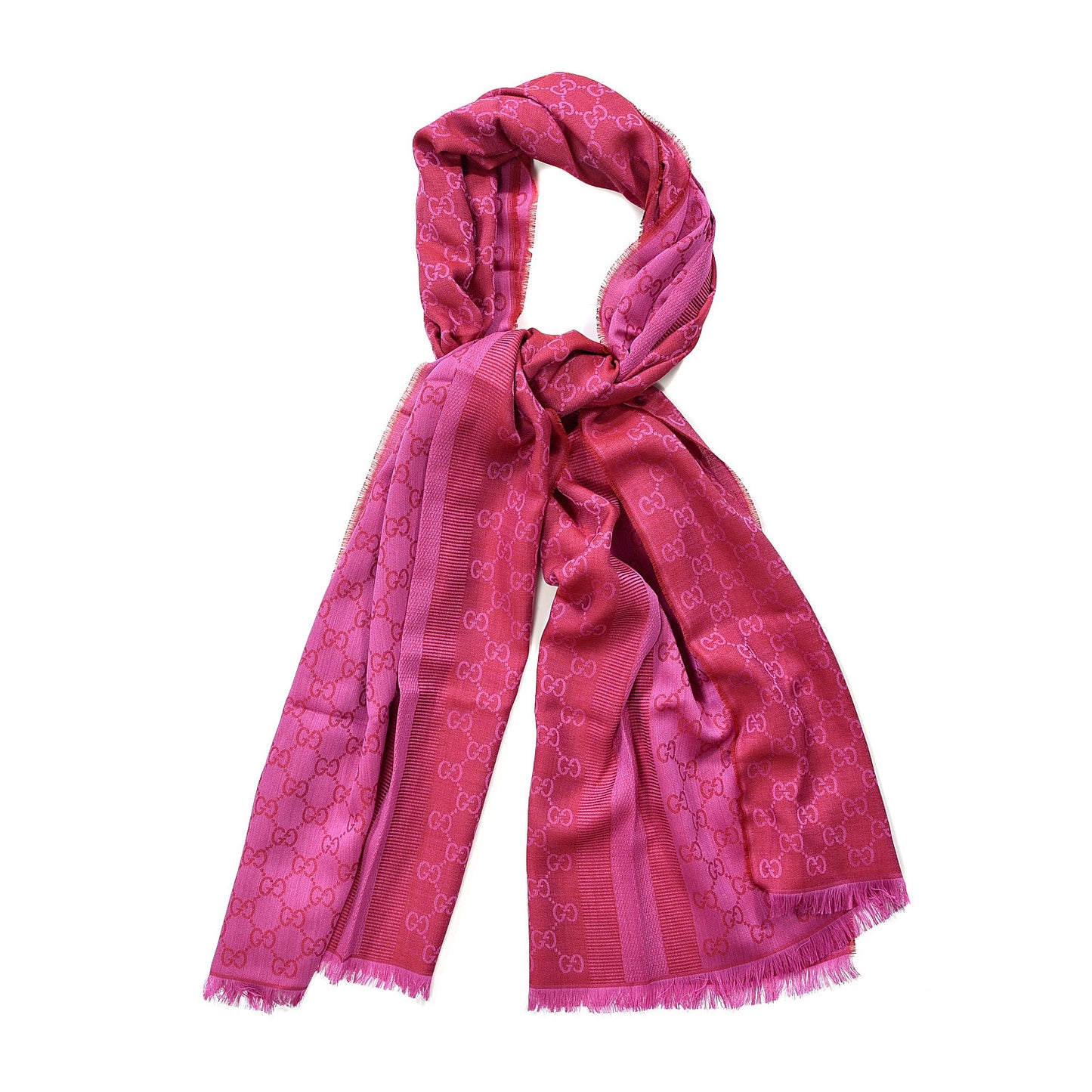 Wool Silk GG Monogram GGWeblong Fringe Scarf Shawl Red Pink