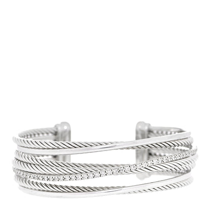 David Yurman Sterling Silver Diamond Crossover Four Row Cuff Bracelet 1 of 4