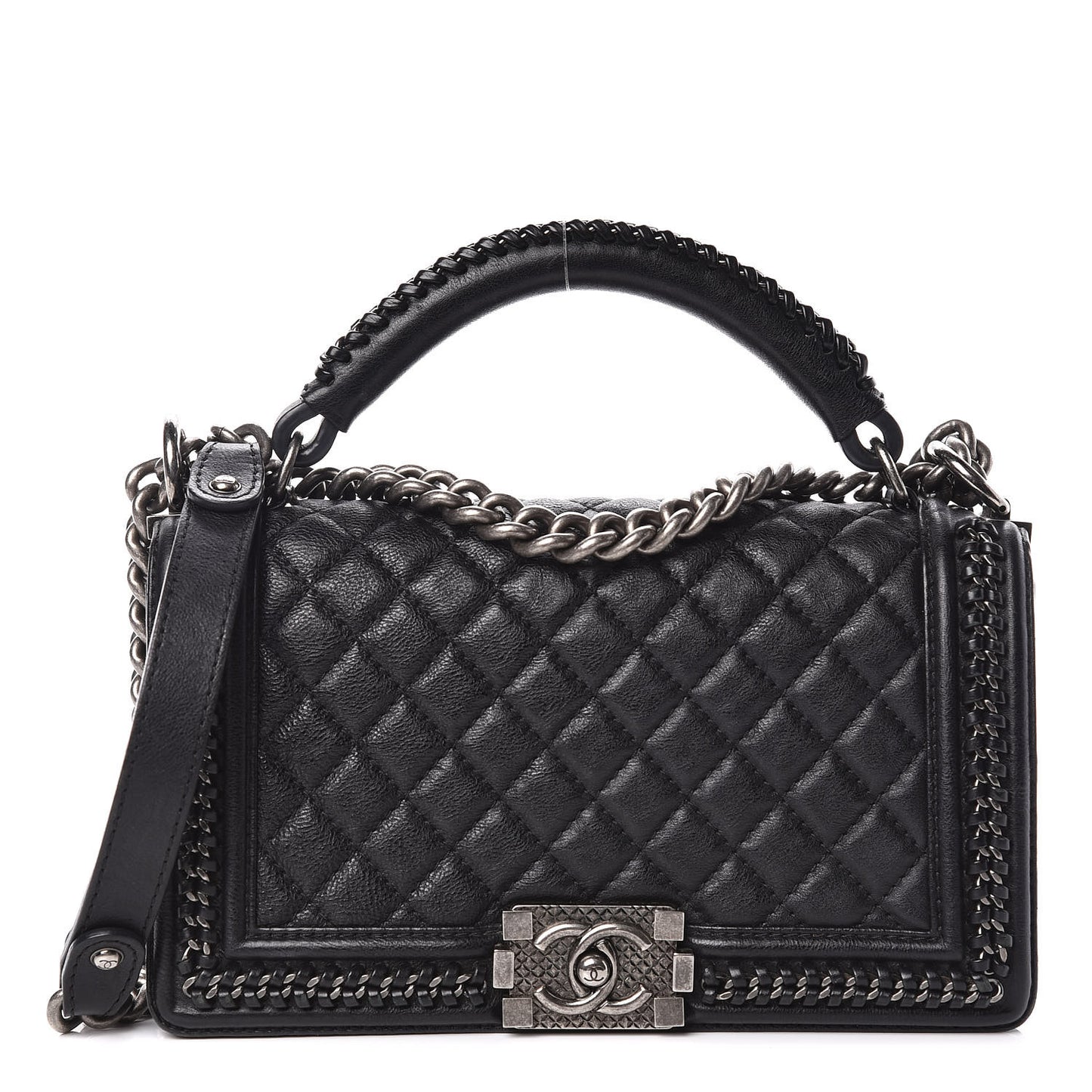 Calfskin Quilted Medium Boy Top Handle Flap Black