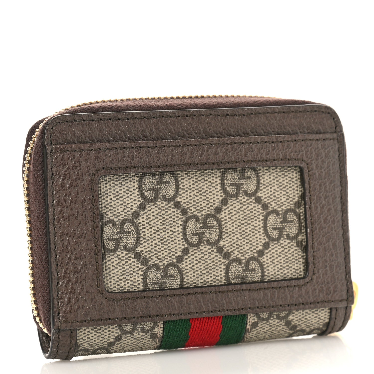 Gucci GG Supreme Monogram Textured Dollar Calfskin Web Ophidia Zip Around Card Case Wallet Beige Ebony New Acero 3 of 9
