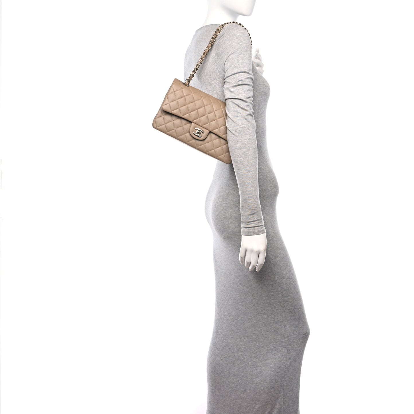 Caviar Quilted Medium Double Flap Dark Beige