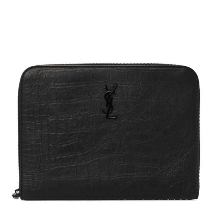 Saint Laurent Calfskin Crocodile Embossed Monogram iPad Case Black 1 of 10