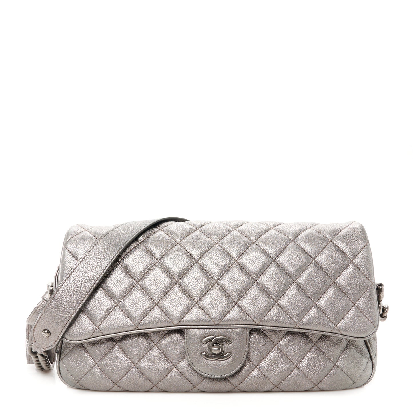 Metallic Calfskin Quilted Medium Casual Rock Flap Silver