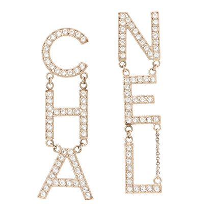 Chanel Crystal Cha-Nel Logo Drop Earrings Gold 1 of 5