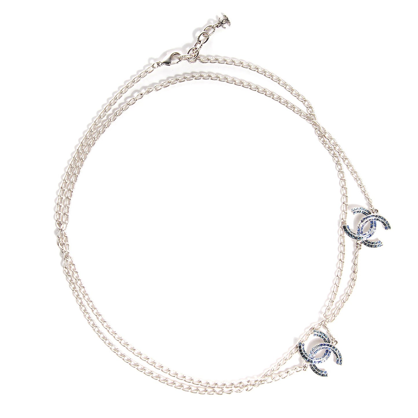 Crystal Baguette CC Double Strand Necklace Silver Blue